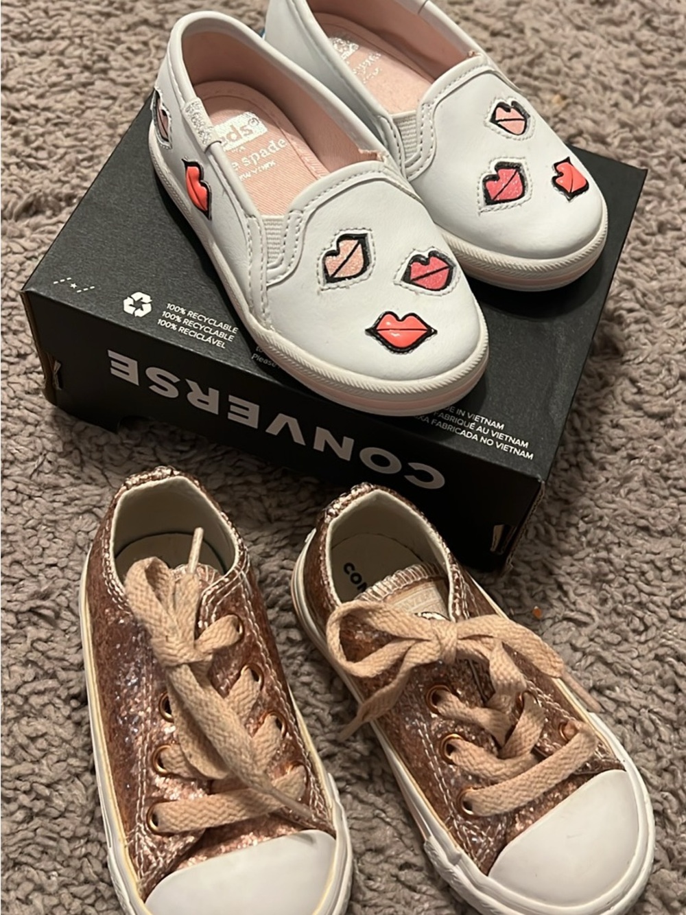 Converse pink glitter sneakers and Kate spade White lips Slip-Ons